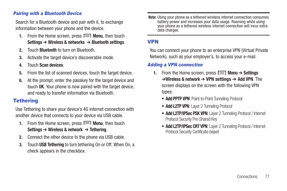 Pairing with a bluetooth device, Tethering, Adding a vpn connection | Tethering vpn | Samsung SCH-R915ZKACRI User Manual | Page 81 / 157