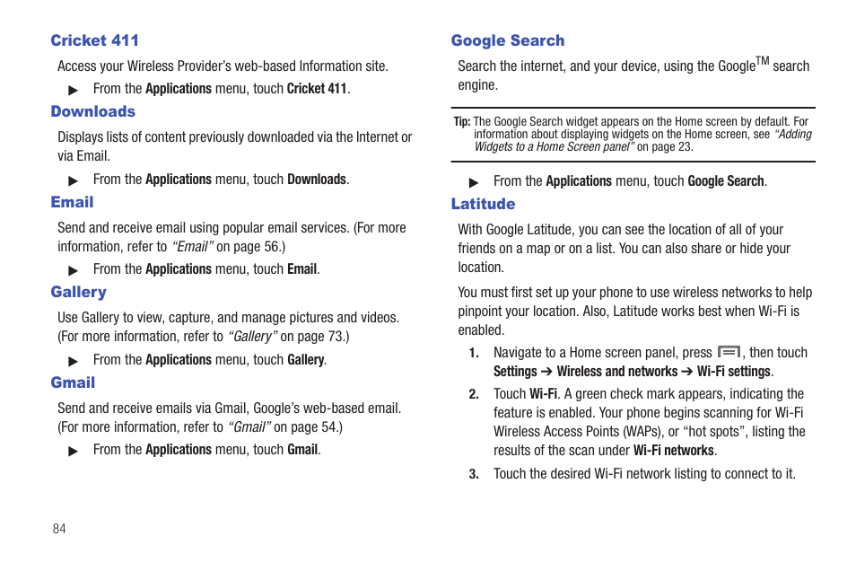 Cricket 411, Downloads, Email | Gallery, Gmail, Google search, Latitude | Samsung SCH-R915ZKACRI User Manual | Page 88 / 157