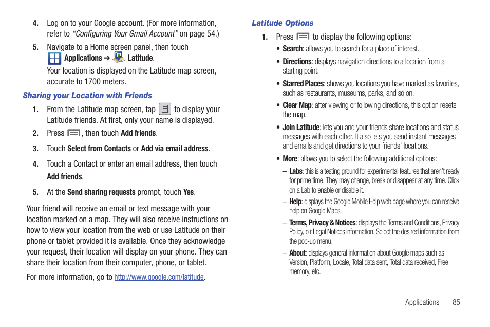 Sharing your location with friends, Latitude options | Samsung SCH-R915ZKACRI User Manual | Page 89 / 157