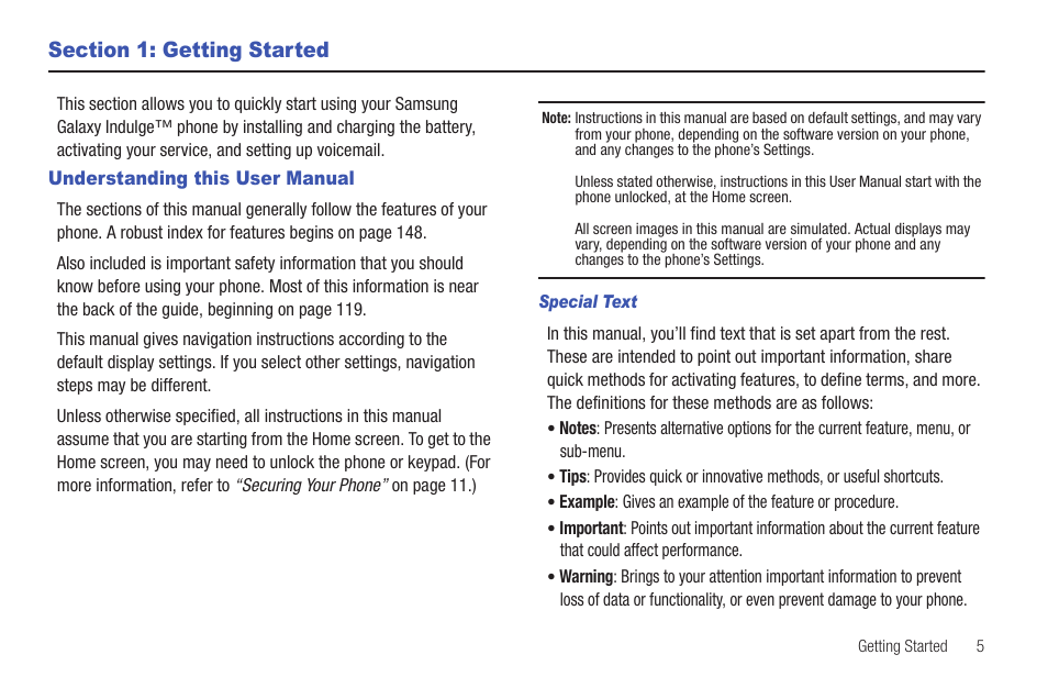 Section 1: getting started, Understanding this user manual, Special text | Samsung SCH-R915ZKACRI User Manual | Page 9 / 157