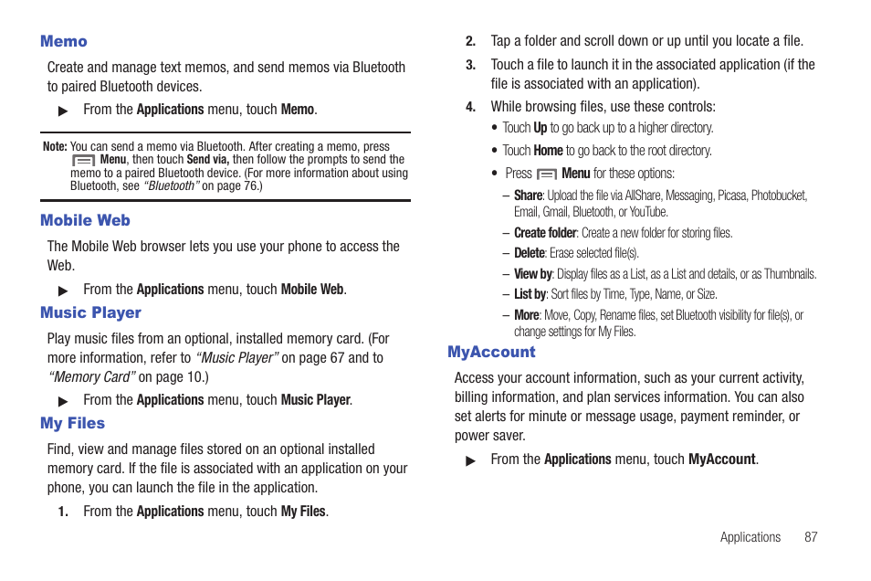 Memo, Mobile web, Music player | My files, Myaccount, Mobile web music player my files myaccount | Samsung SCH-R915ZKACRI User Manual | Page 91 / 157