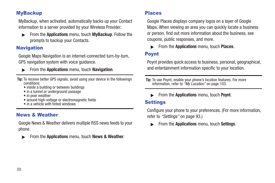 Mybackup, Navigation, News & weather | Places, Poynt, Settings | Samsung SCH-R915ZKACRI User Manual | Page 92 / 157