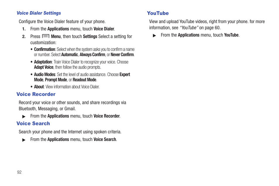 Voice dialer settings, Voice recorder, Voice search | Youtube, Voice recorder voice search youtube | Samsung SCH-R915ZKACRI User Manual | Page 96 / 157