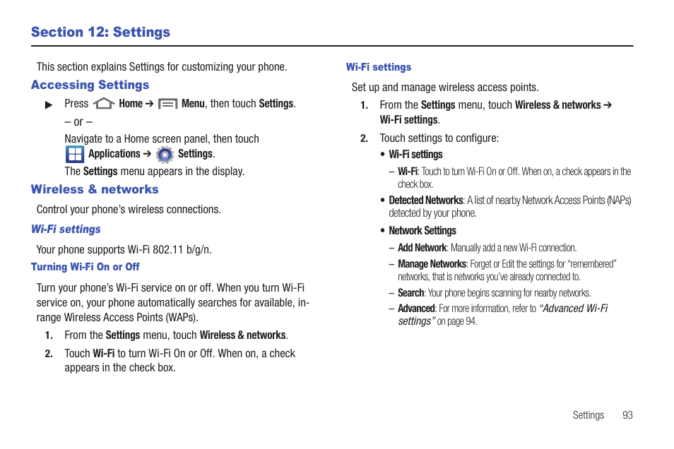 Section 12: settings, Accessing settings, Wireless & networks | Wi-fi settings, Turning wi-fi on or off, Accessing settings wireless & networks | Samsung SCH-R915ZKACRI User Manual | Page 97 / 157