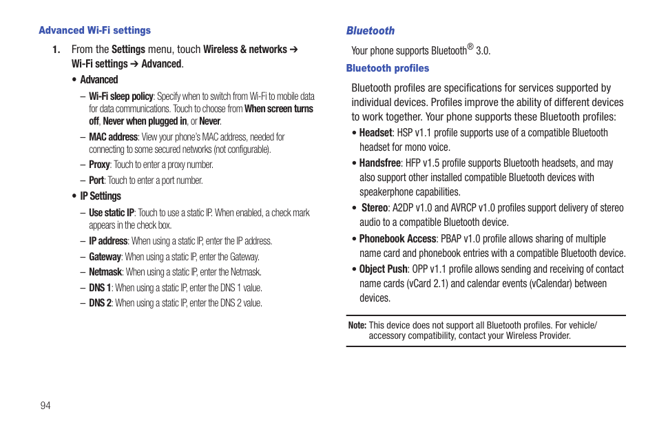 Advanced wi-fi settings, Bluetooth, Bluetooth profiles | Samsung SCH-R915ZKACRI User Manual | Page 98 / 157