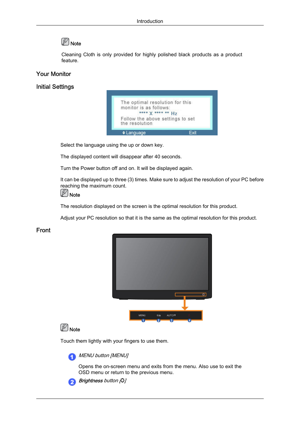 Your monitor, Initial settings, Front | Samsung LS19LFYGFR-ZA User Manual | Page 10 / 45