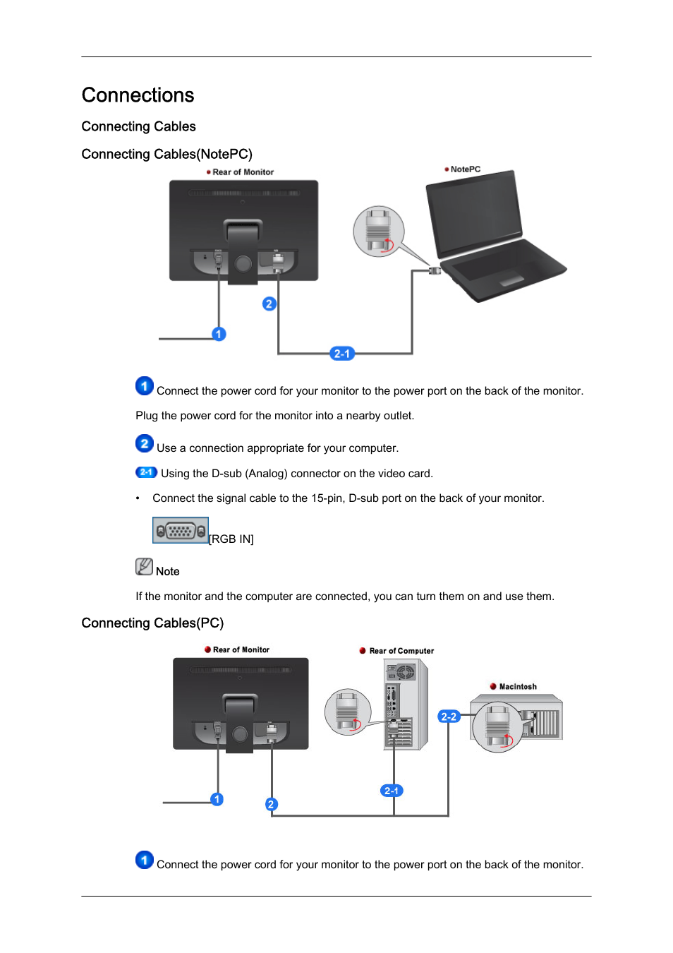 Connections, Connecting cables, Connecting cables(notepc) | Connecting cables(pc) | Samsung LS19LFYGFR-ZA User Manual | Page 13 / 45