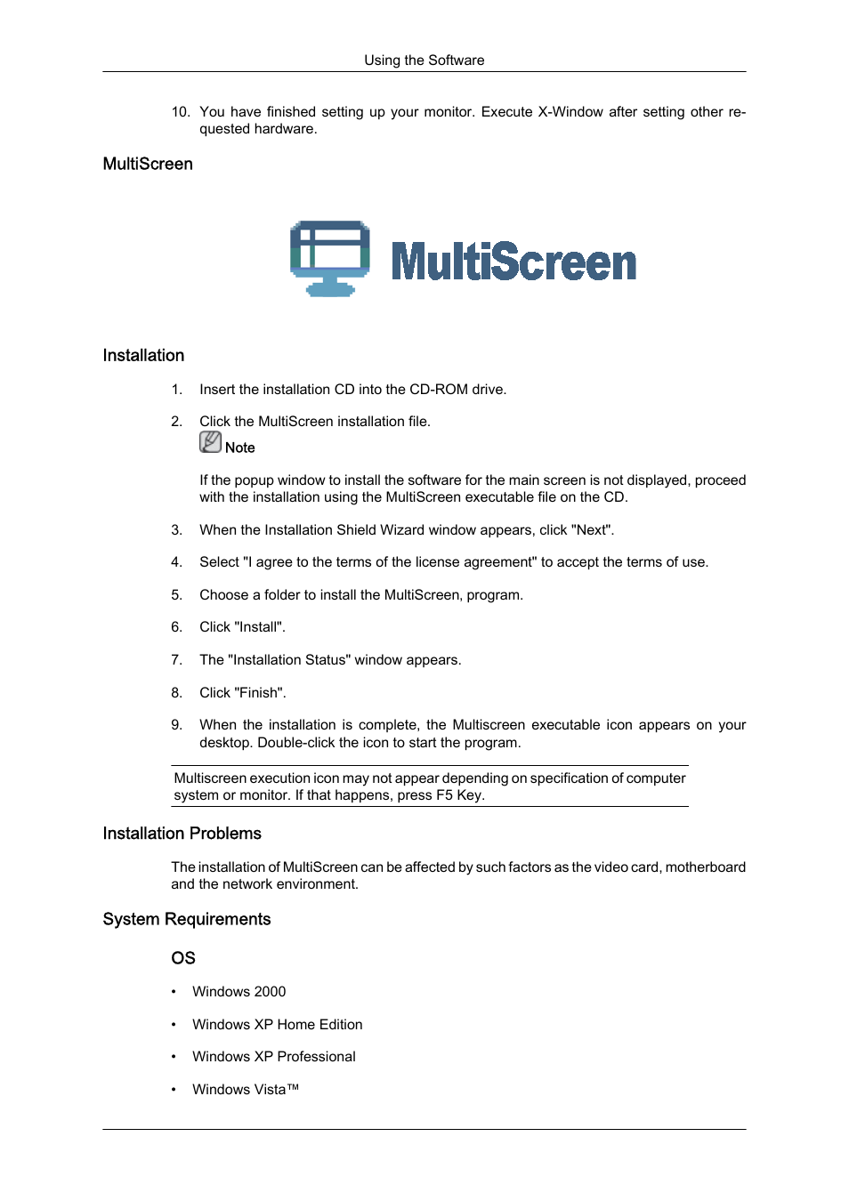 Multiscreen, Installation, Installation problems | System requirements | Samsung LS19LFYGFR-ZA User Manual | Page 23 / 45