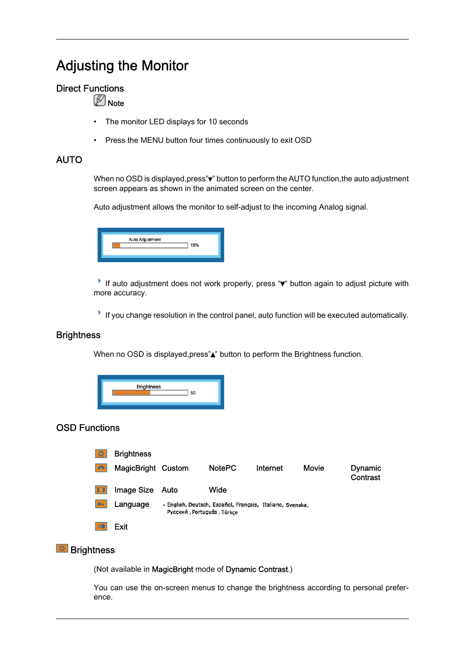 Adjusting the monitor, Direct functions, Auto | Brightness, Osd functions | Samsung LS19LFYGFR-ZA User Manual | Page 25 / 45