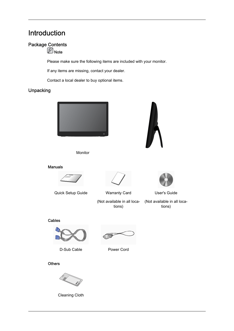 Introduction, Package contents, Unpacking | Samsung LS19LFYGFR-ZA User Manual | Page 9 / 45