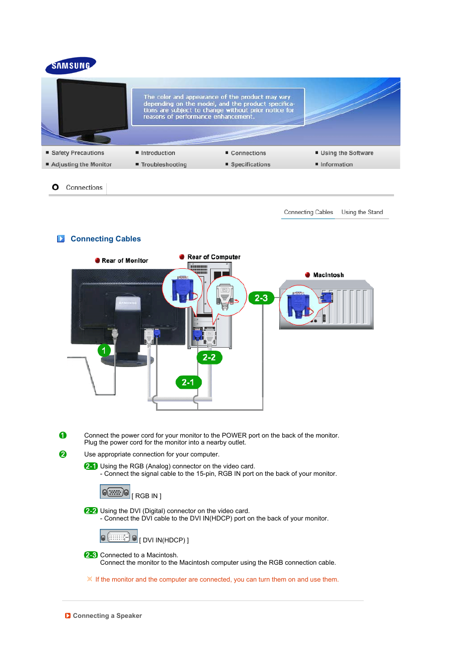 Connections, Connecting cables | Samsung LS24HUBCFV-XAA User Manual | Page 18 / 55