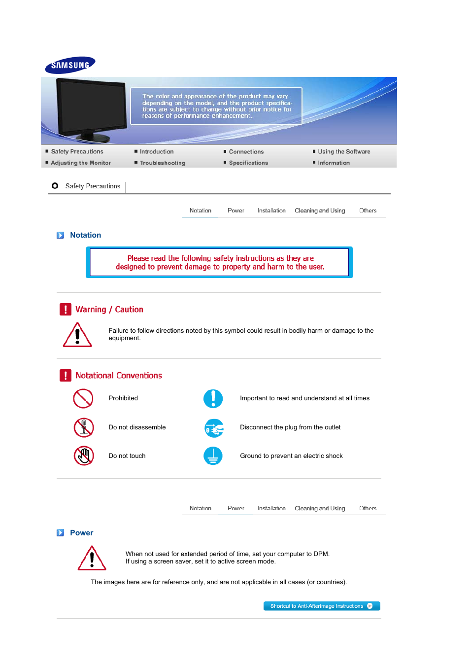 Safety precautions, Notation, Power | Samsung LS24HUBCFV-XAA User Manual | Page 2 / 55