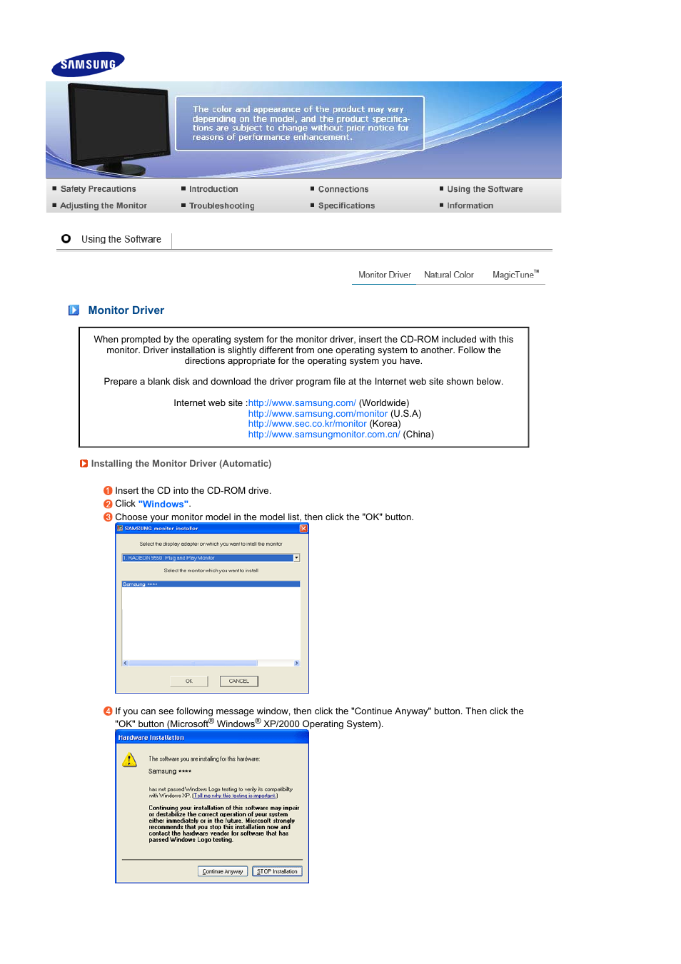 Using the software, Monitor driver | Samsung LS24HUBCFV-XAA User Manual | Page 23 / 55