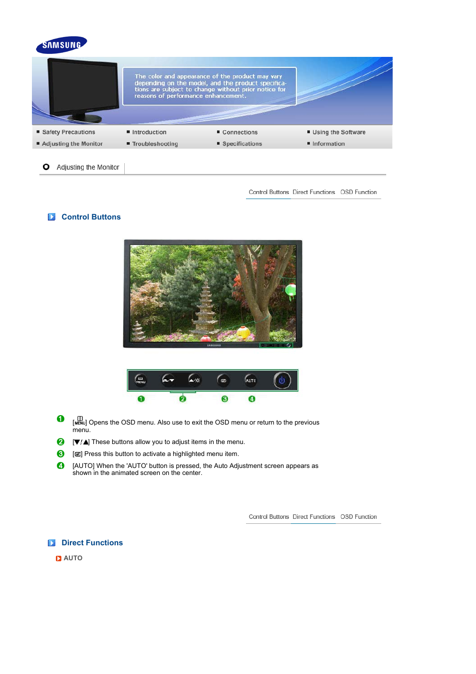 Adjusting the monitor, Control buttons, Direct functions | Samsung LS24HUBCFV-XAA User Manual | Page 32 / 55