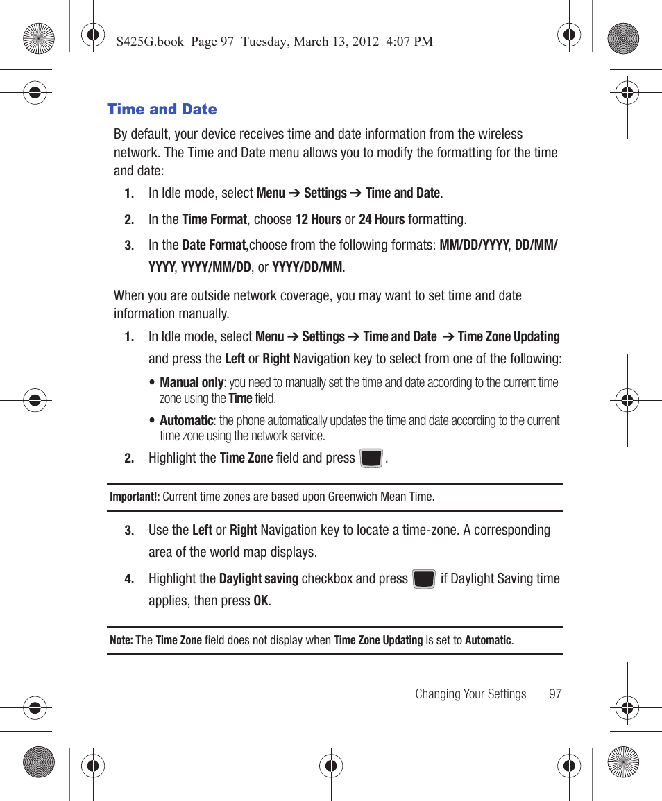 Time and date | Samsung SGH-S425ZGATFN User Manual | Page 101 / 155