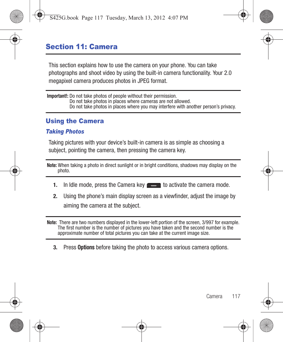 Section 11: camera, Using the camera | Samsung SGH-S425ZGATFN User Manual | Page 121 / 155