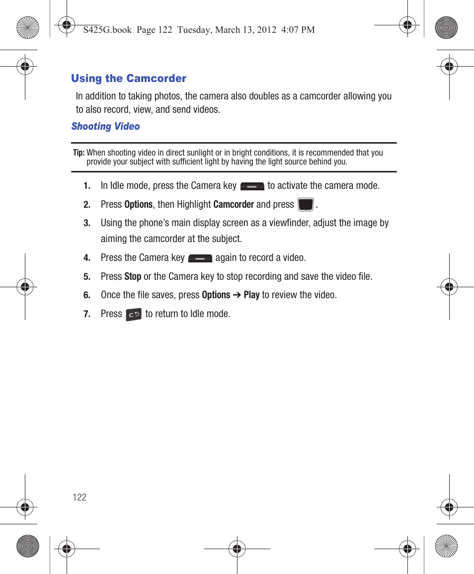 Using the camcorder | Samsung SGH-S425ZGATFN User Manual | Page 126 / 155