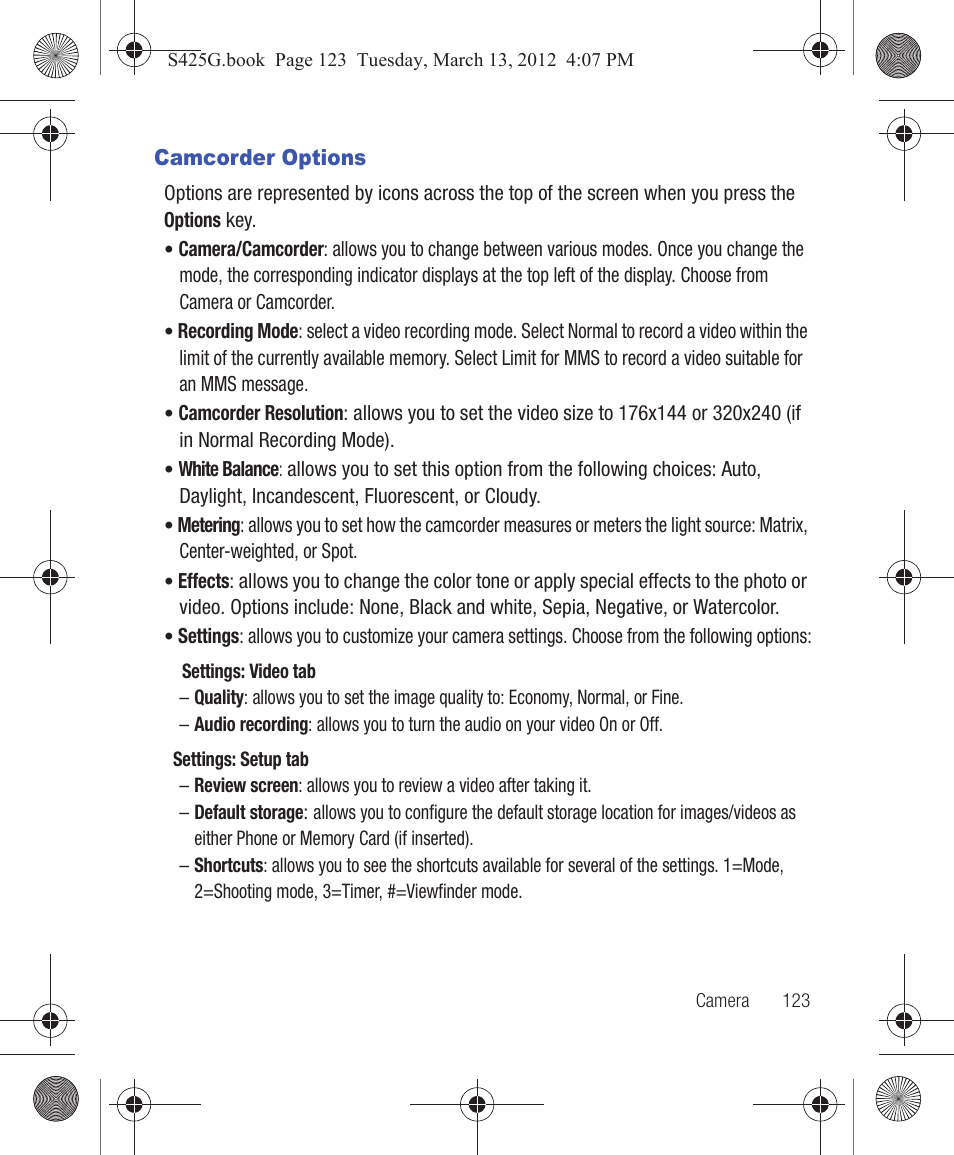 Camcorder options | Samsung SGH-S425ZGATFN User Manual | Page 127 / 155