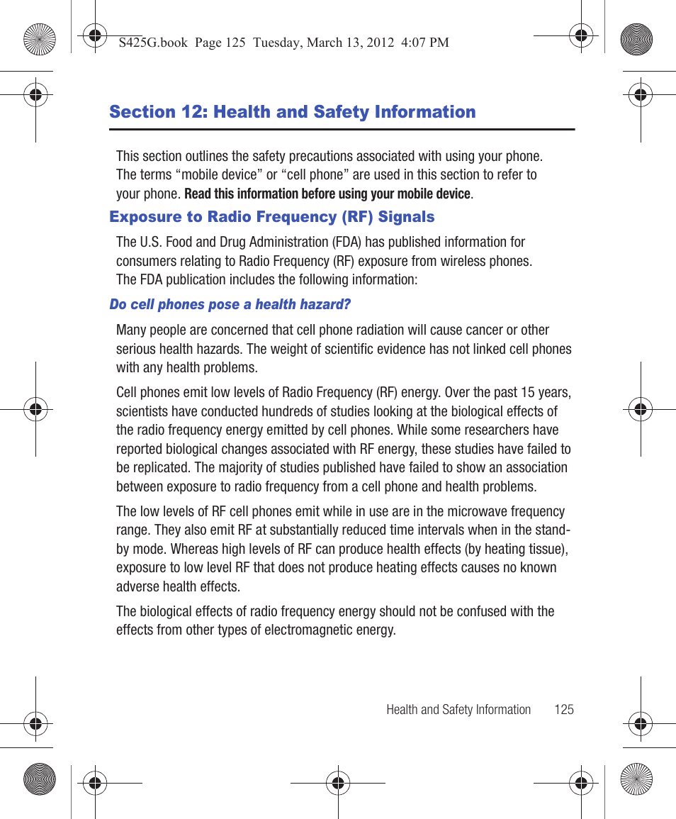 Section 12: health and safety information, Exposure to radio frequency (rf) signals | Samsung SGH-S425ZGATFN User Manual | Page 129 / 155