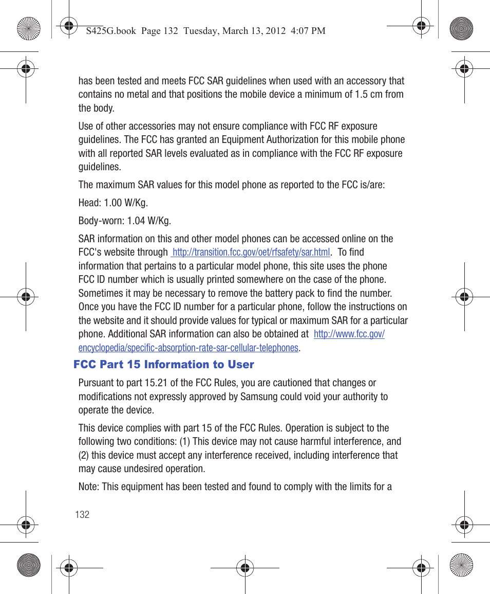 Fcc part 15 information to user | Samsung SGH-S425ZGATFN User Manual | Page 136 / 155