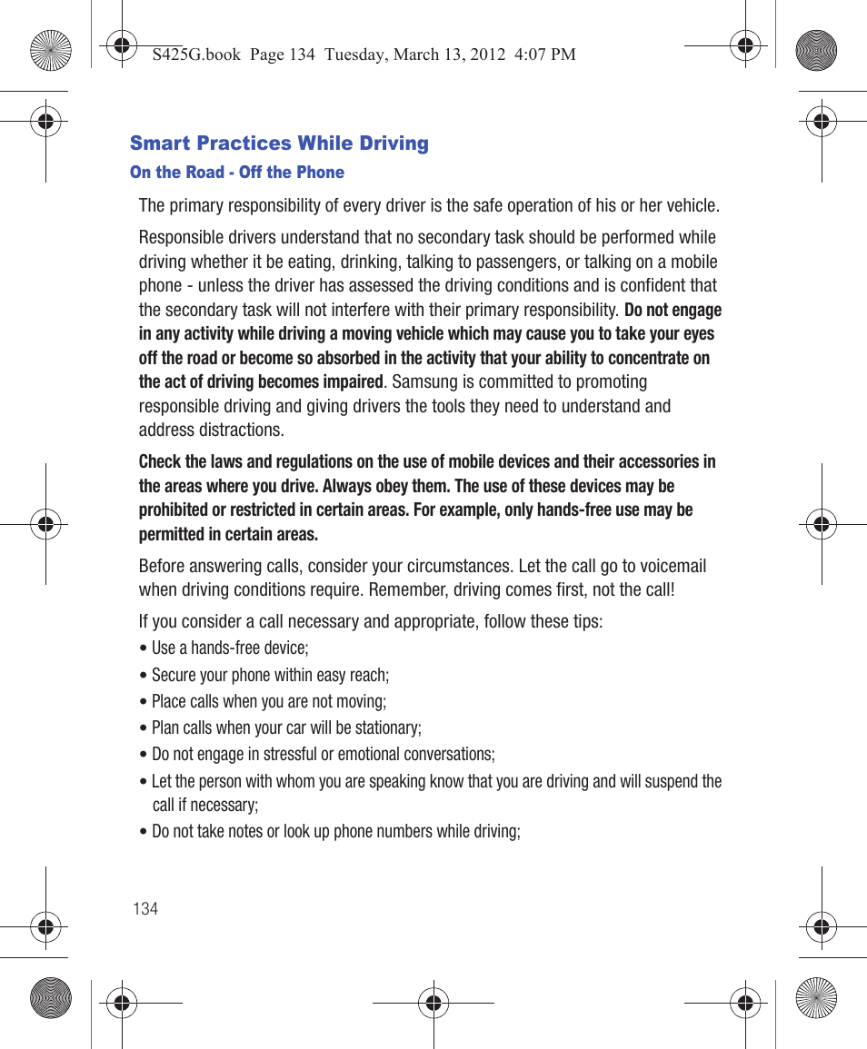 Smart practices while driving | Samsung SGH-S425ZGATFN User Manual | Page 138 / 155
