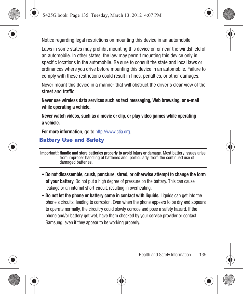 Battery use and safety | Samsung SGH-S425ZGATFN User Manual | Page 139 / 155