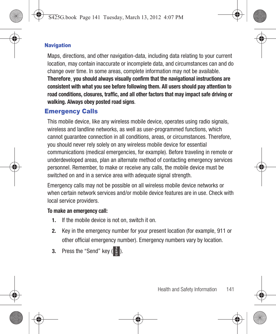 Emergency calls | Samsung SGH-S425ZGATFN User Manual | Page 145 / 155