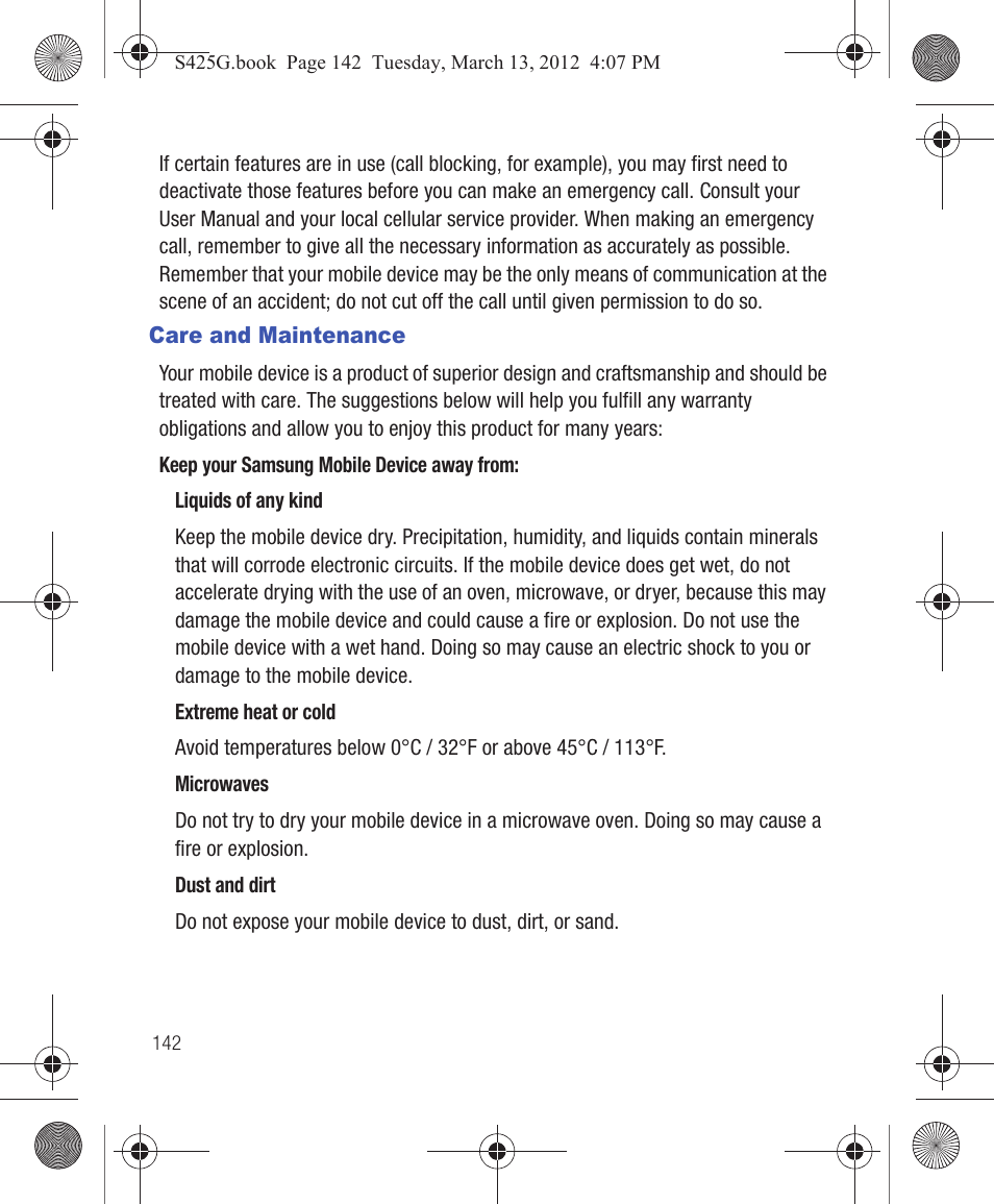 Care and maintenance | Samsung SGH-S425ZGATFN User Manual | Page 146 / 155