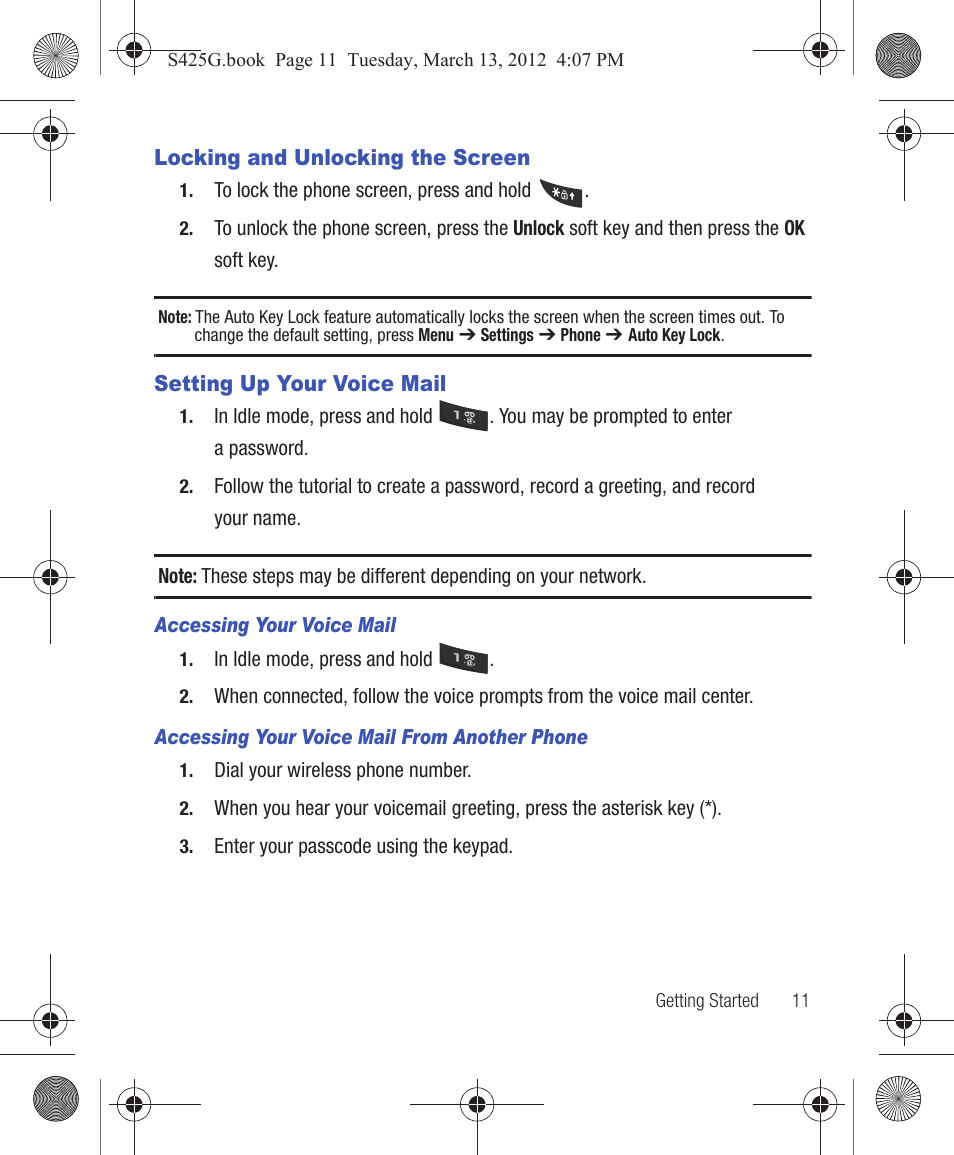 Locking and unlocking the screen, Setting up your voice mail | Samsung SGH-S425ZGATFN User Manual | Page 15 / 155