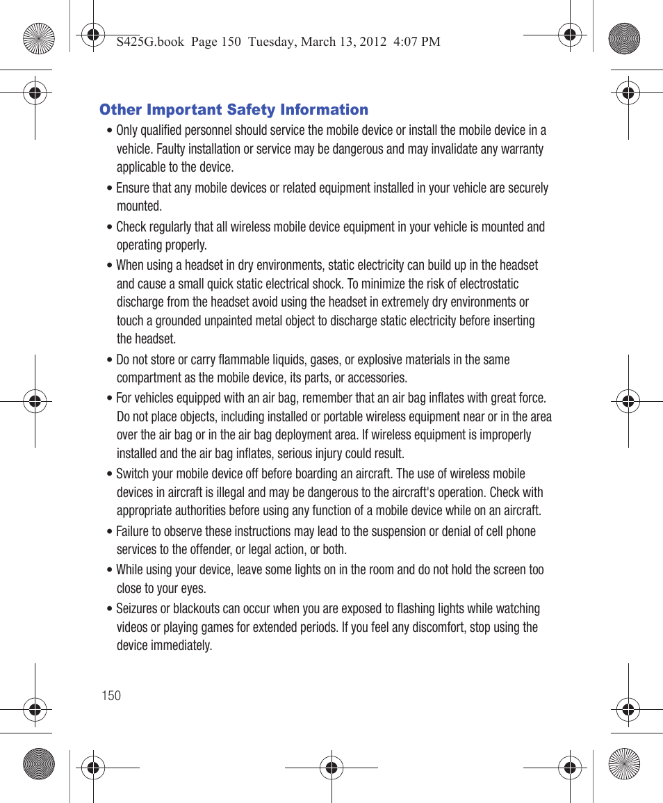 Other important safety information | Samsung SGH-S425ZGATFN User Manual | Page 154 / 155