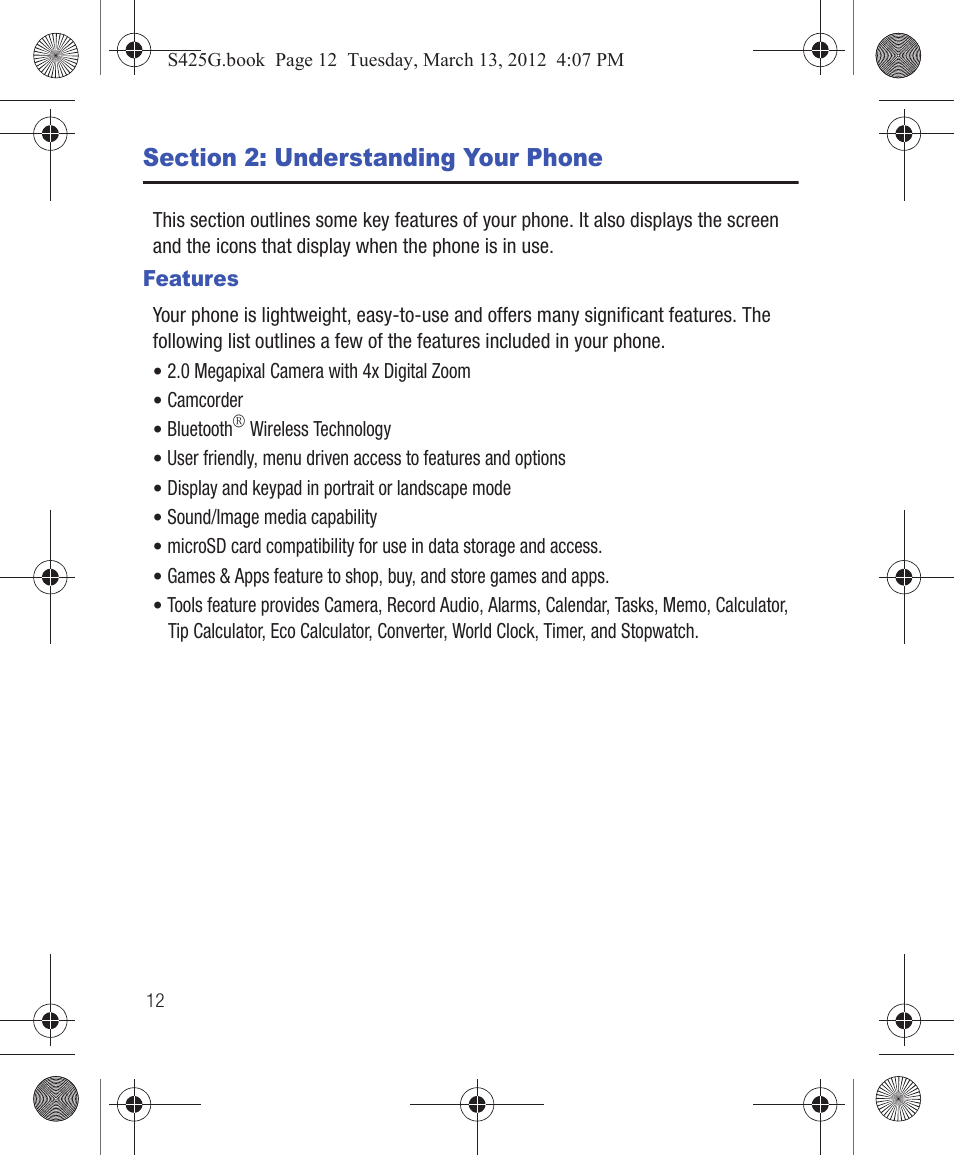 Section 2: understanding your phone, Features | Samsung SGH-S425ZGATFN User Manual | Page 16 / 155