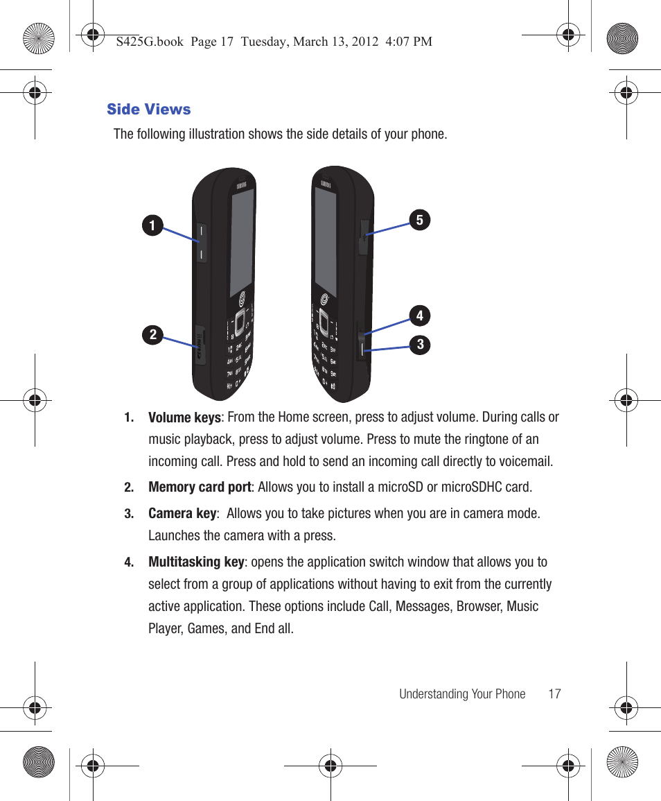 Side views | Samsung SGH-S425ZGATFN User Manual | Page 21 / 155