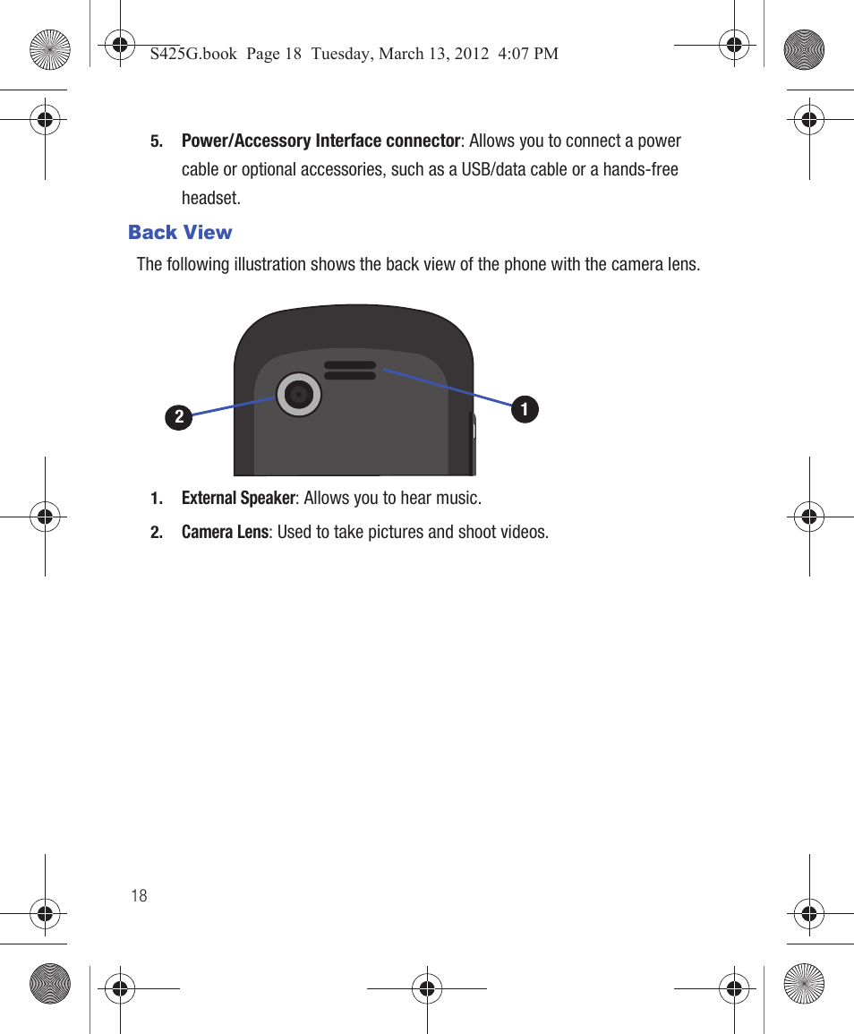 Back view | Samsung SGH-S425ZGATFN User Manual | Page 22 / 155