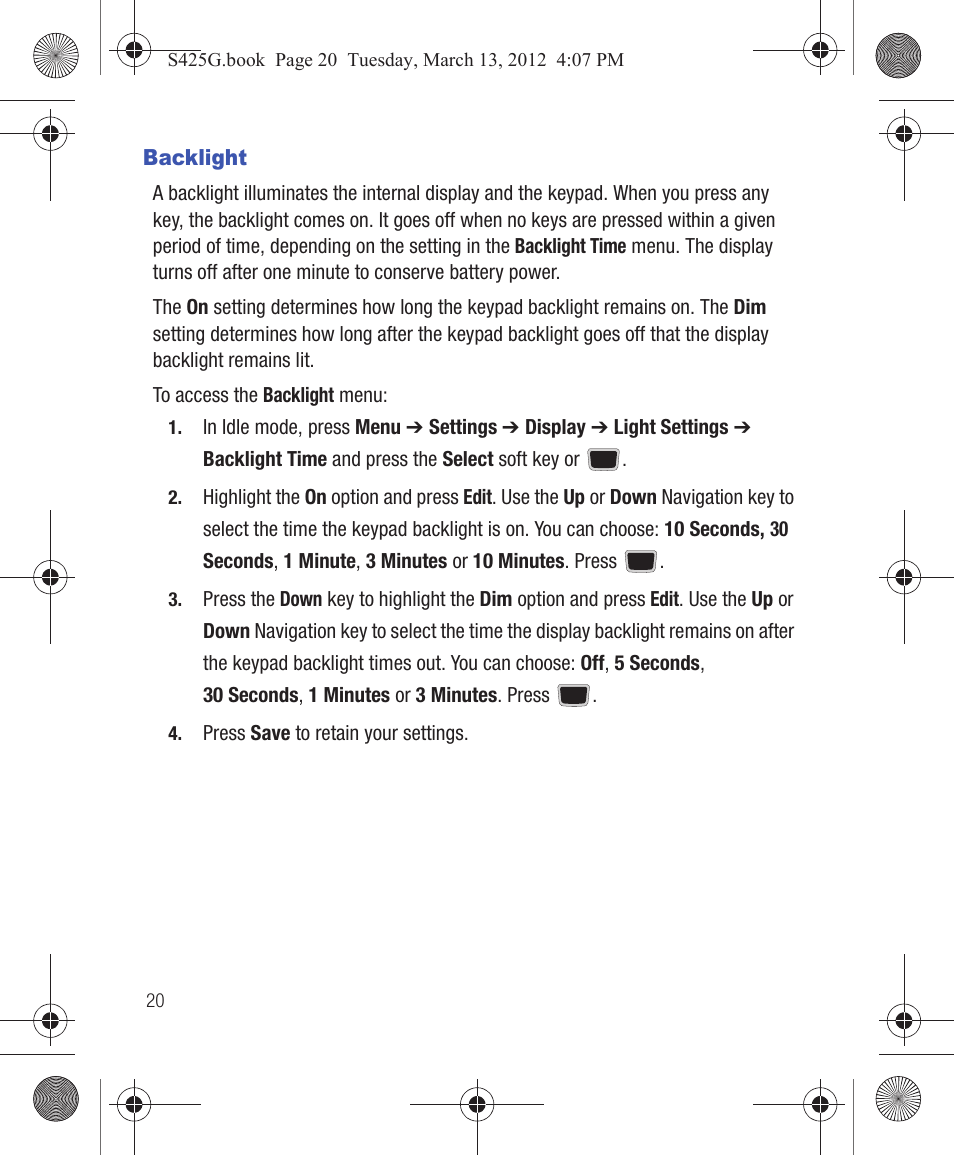 Backlight | Samsung SGH-S425ZGATFN User Manual | Page 24 / 155