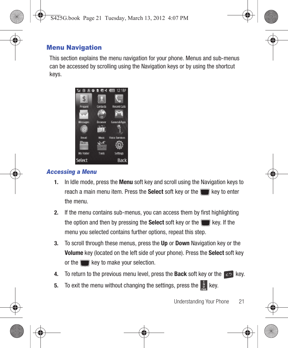 Menu navigation | Samsung SGH-S425ZGATFN User Manual | Page 25 / 155