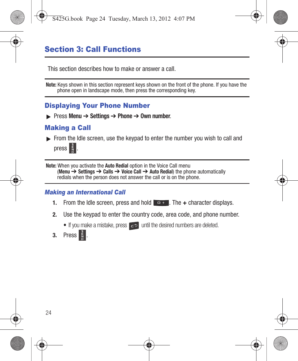 Section 3: call functions, Displaying your phone number, Making a call | Displaying your phone number making a call | Samsung SGH-S425ZGATFN User Manual | Page 28 / 155