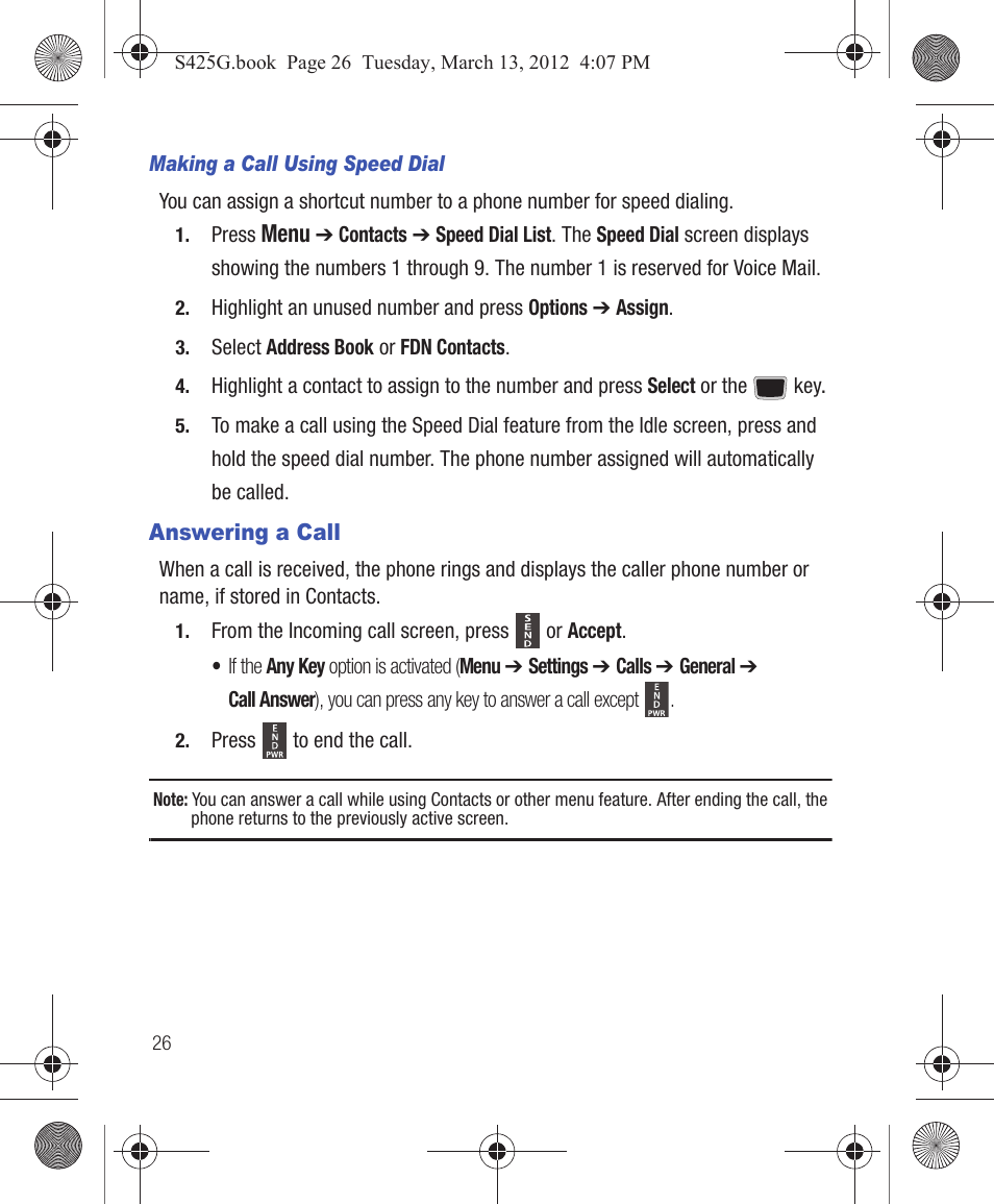 Answering a call | Samsung SGH-S425ZGATFN User Manual | Page 30 / 155