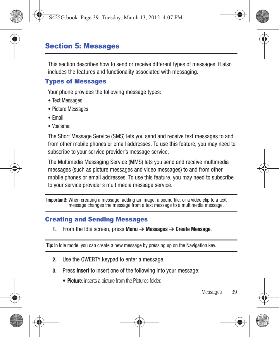 Section 5: messages, Types of messages, Creating and sending messages | Types of messages creating and sending messages | Samsung SGH-S425ZGATFN User Manual | Page 43 / 155