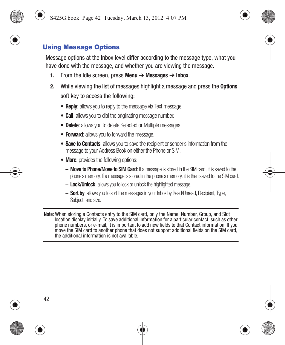 Using message options | Samsung SGH-S425ZGATFN User Manual | Page 46 / 155