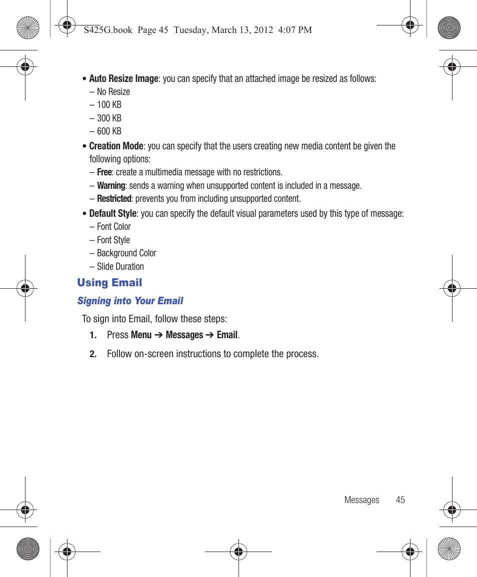 Using email | Samsung SGH-S425ZGATFN User Manual | Page 49 / 155