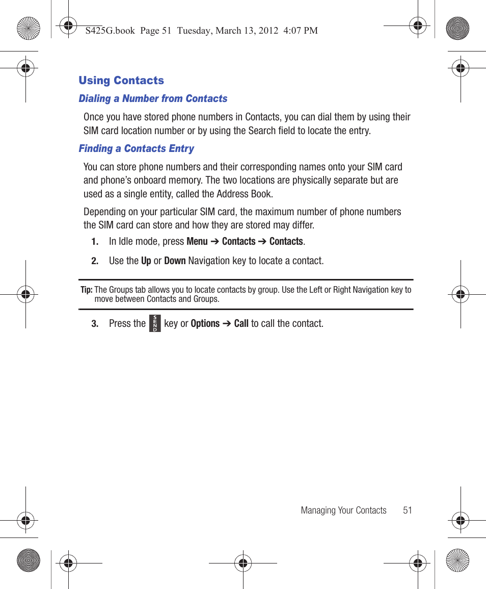 Using contacts | Samsung SGH-S425ZGATFN User Manual | Page 55 / 155