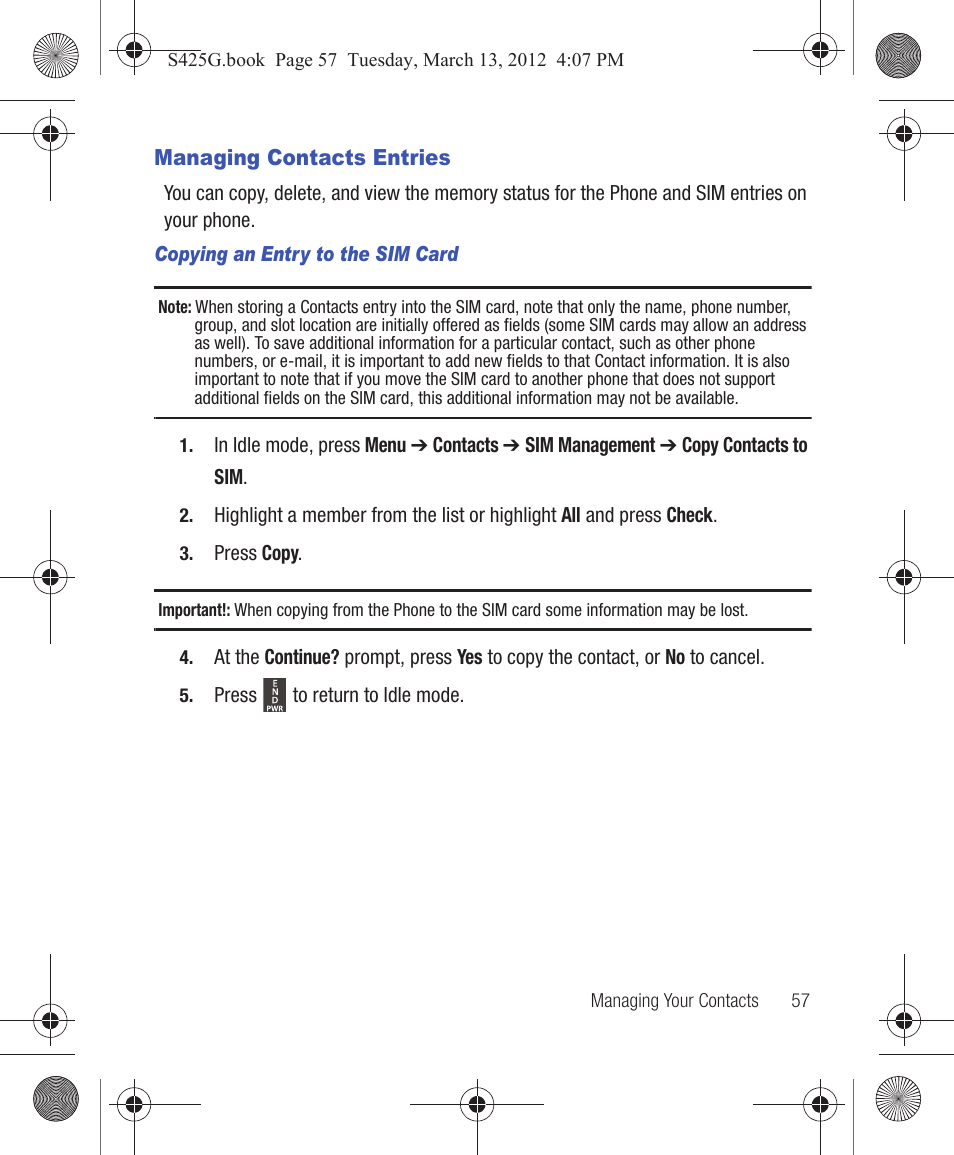 Managing contacts entries, Copy them to a sim card, see “copying an | Samsung SGH-S425ZGATFN User Manual | Page 61 / 155