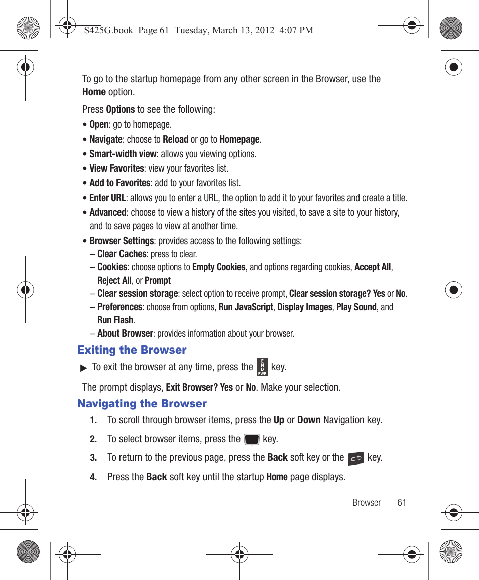 Exiting the browser, Navigating the browser, Exiting the browser navigating the browser | Samsung SGH-S425ZGATFN User Manual | Page 65 / 155