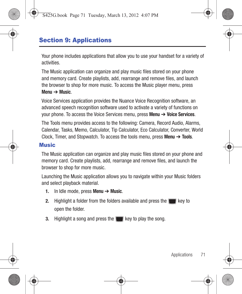 Section 9: applications, Music | Samsung SGH-S425ZGATFN User Manual | Page 75 / 155