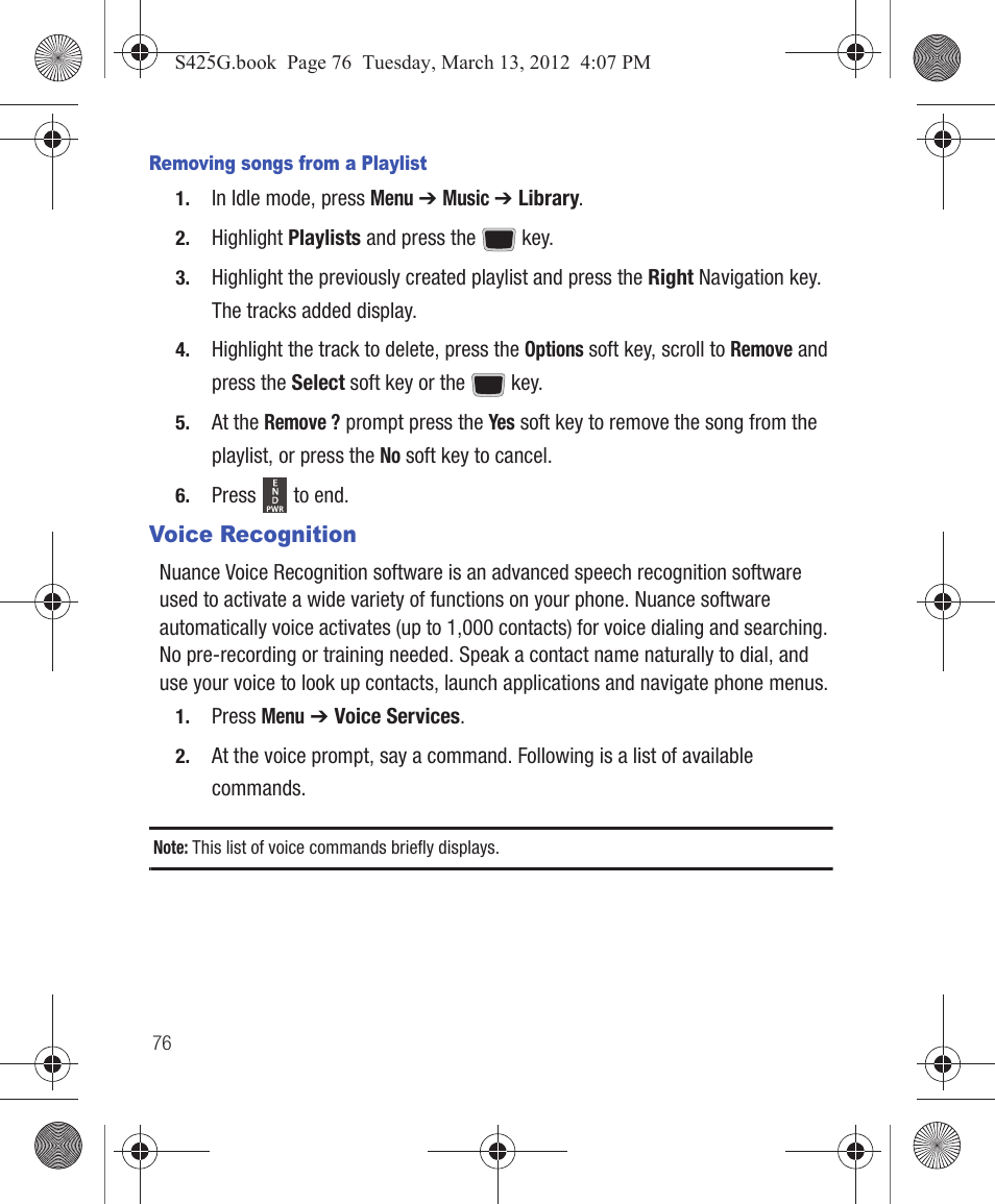 Voice recognition | Samsung SGH-S425ZGATFN User Manual | Page 80 / 155