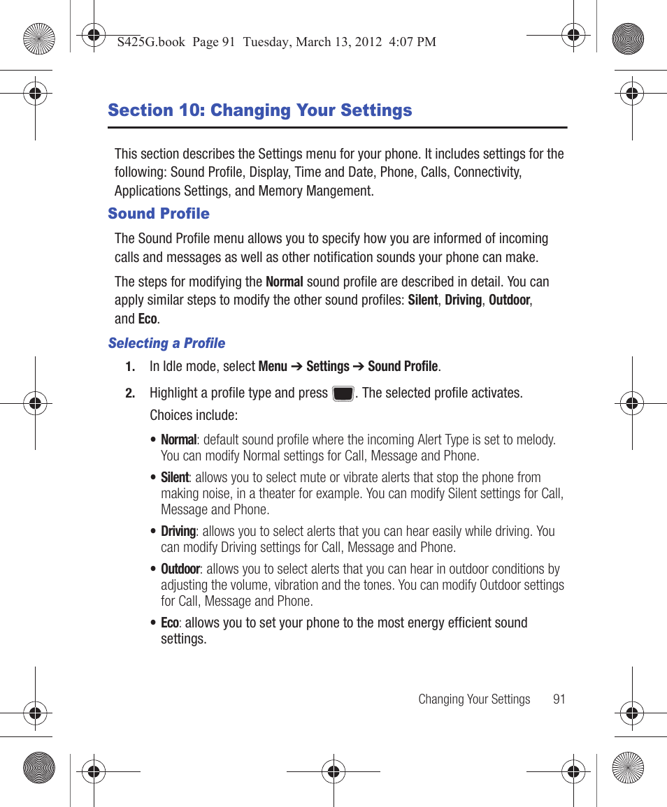 Section 10: changing your settings, Sound profile | Samsung SGH-S425ZGATFN User Manual | Page 95 / 155