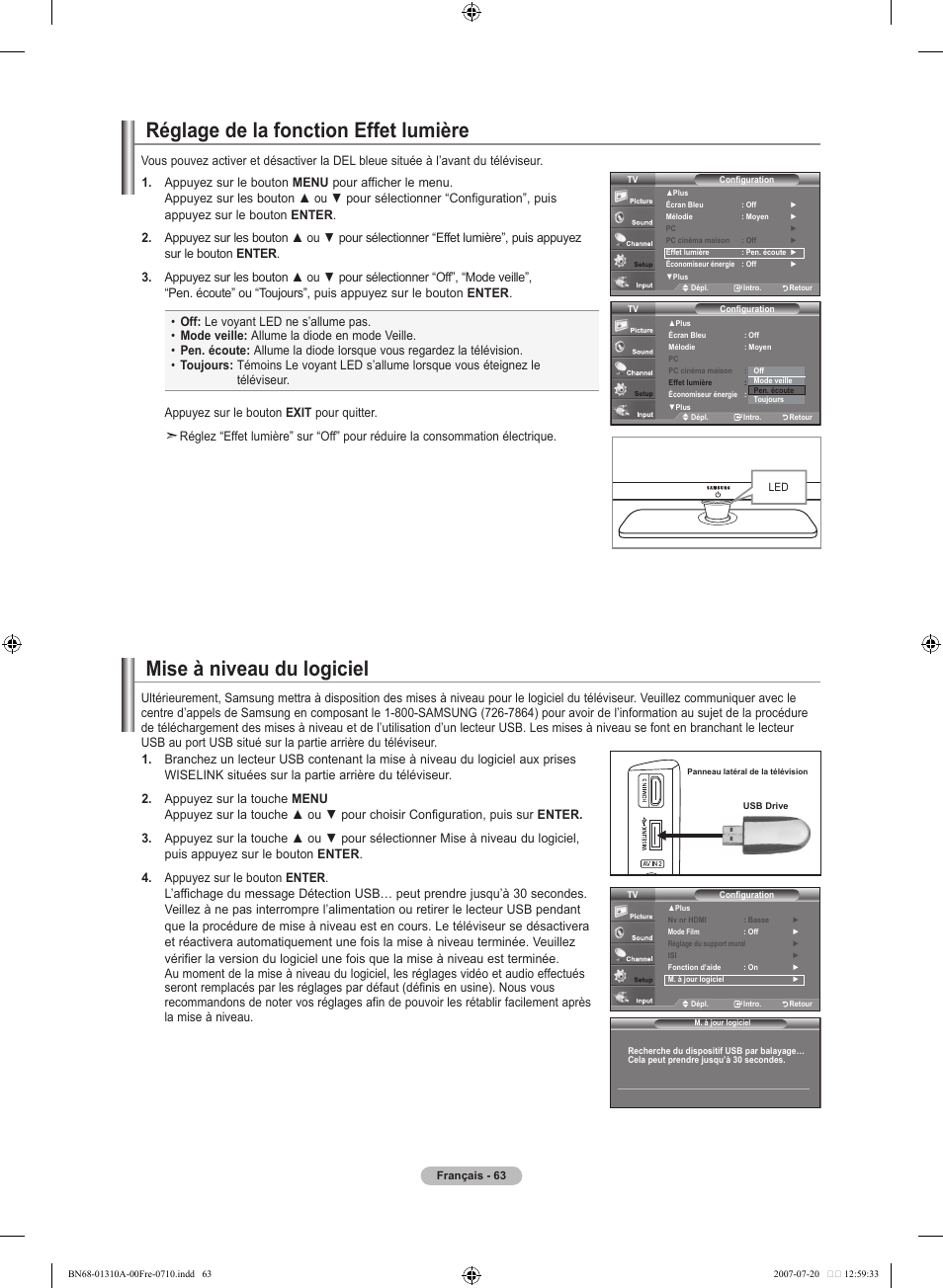Mise à niveau du logiciel, Réglage de la fonction effet lumière | Samsung LNT4671FX-XAA User Manual | Page 157 / 277