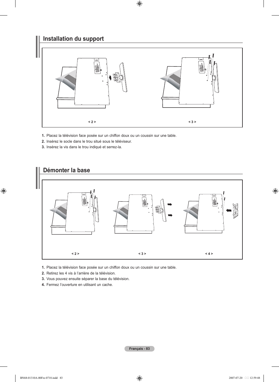Installation du support, Démonter la base | Samsung LNT4671FX-XAA User Manual | Page 177 / 277