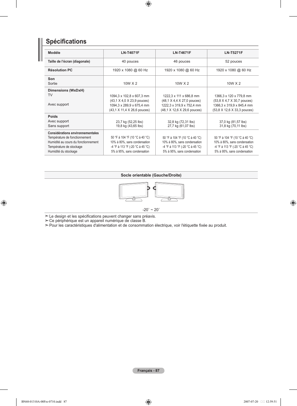 Spécifications | Samsung LNT4671FX-XAA User Manual | Page 181 / 277