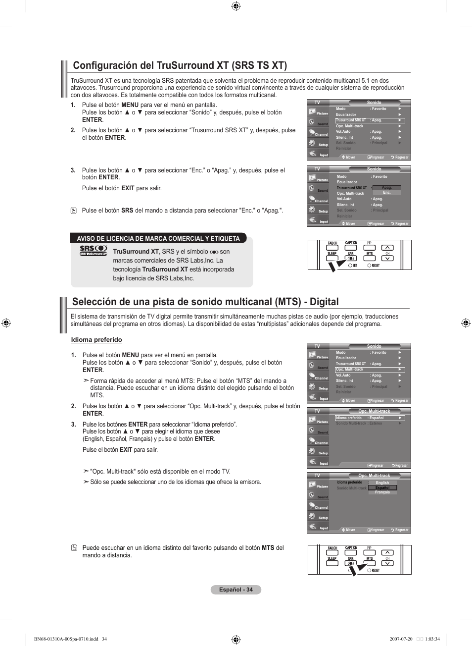 Configuración del trusurround xt (srs ts xt) | Samsung LNT4671FX-XAA User Manual | Page 220 / 277